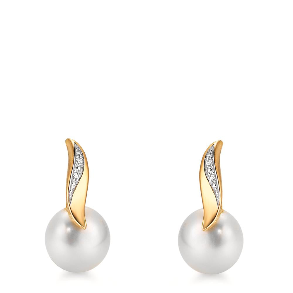 Clous d'oreilles Or jaune 18K Diamant blanc, 0.10 ct, 2 Pierres, brillant, w-si perle d'eau douce blanc, 2 Perles, 7 mm