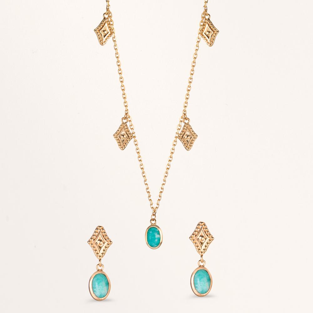 Pendant d'oreilles Bronze Amazonite 2 Pierres Plaqué or