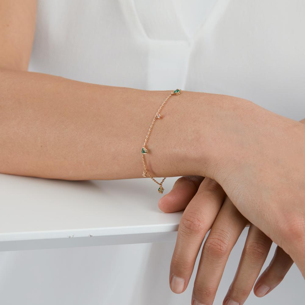 Bracelet Bronze Zircone vert, 6 Pierres Plaqué or 16-18 cm