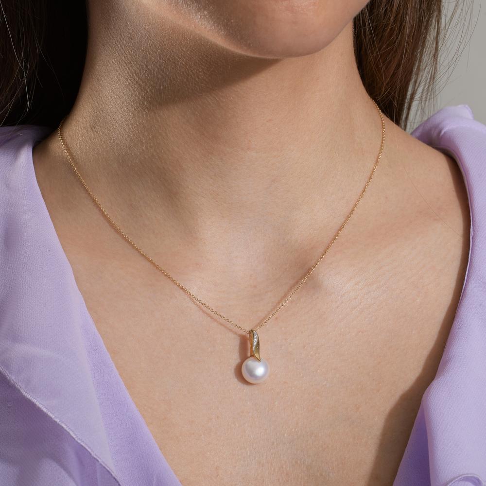 Chaînette avec pendentif Or jaune 18K, Or blanc 18K Diamant blanc, 0.01 ct, 2 Pierres, brillant, w-si perle d'eau douce blanc, 10 mm 40-42 cm