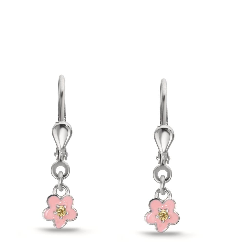 Pendant d'oreilles Argent Zircone jaune, 2 Pierres Rhodié Fleur