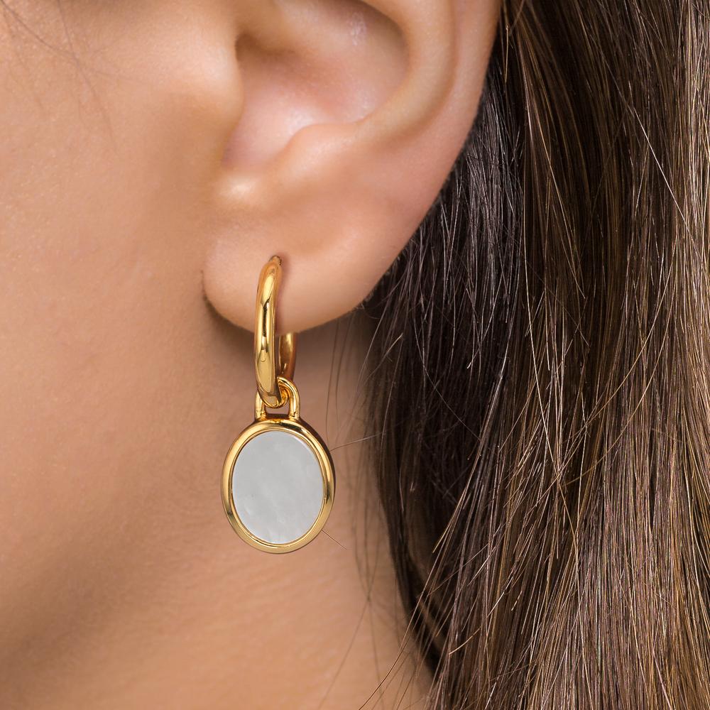 Créoles avec pendentif Argent jaune Plaqué or nacre blanc, 2 Perles 9-9.5 mm Ø14 mm