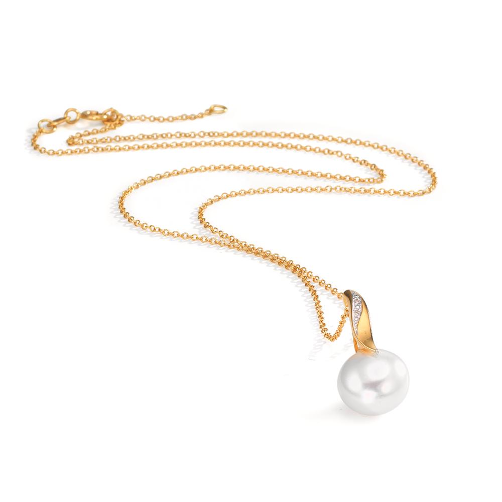 Chaînette avec pendentif Or jaune 18K, Or blanc 18K Diamant blanc, 0.01 ct, 2 Pierres, brillant, w-si perle d'eau douce blanc, 10 mm 40-42 cm