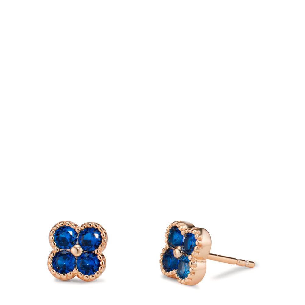 Clous d'oreilles Argent Zircone bleu saphir, 8 Pierres rosé Plaqué or Fleur Ø7.5 mm