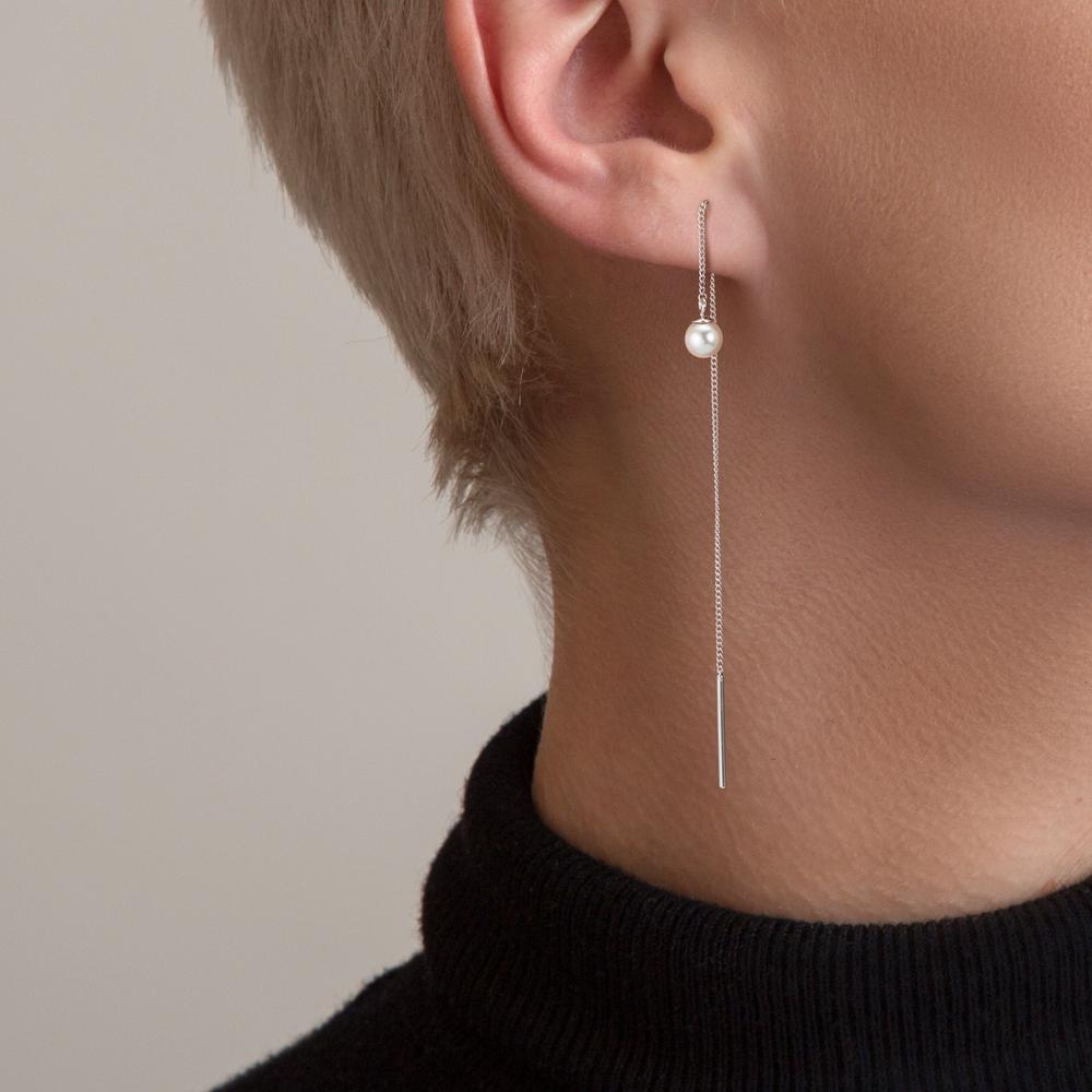 Boucles d'oreilles pendantes Argent Rhodié [shining Pearls], 2 Perles, 5 mm