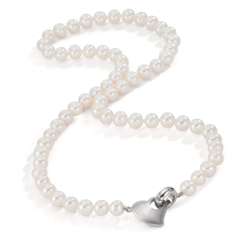 Collier Argent Rhodié perle d'eau douce 6-7 mm Coeur 42 cm