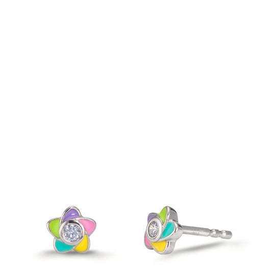 Clous d'oreilles Argent Zircone 2 Pierres Rhodié Fleur Ø5.5 mm