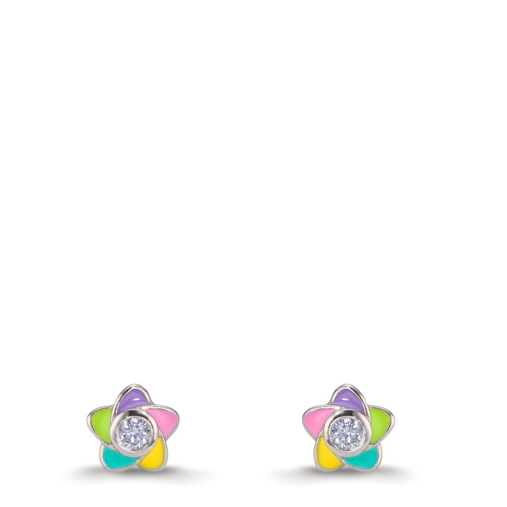 Clous d'oreilles Argent Zircone 2 Pierres Rhodié Fleur Ø5.5 mm