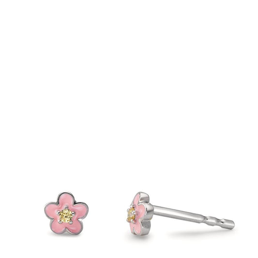 Clous d'oreilles Argent Zircone jaune, 2 Pierres Rhodié Fleur Ø4.5 mm